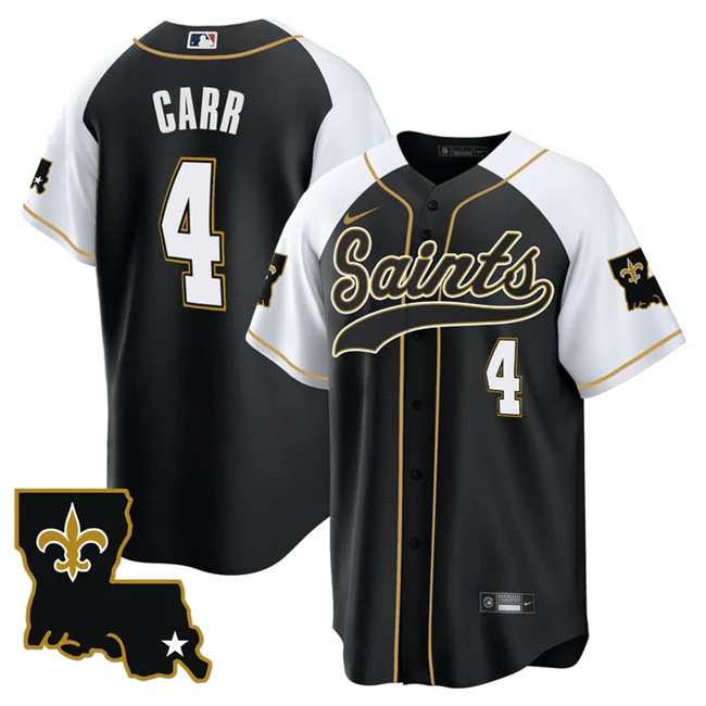 Men's New Orleans Saints #4 Derek Carr Black/White 1987 Legacy Cool Base Stitched Baseball Jersey - Click Image to Close